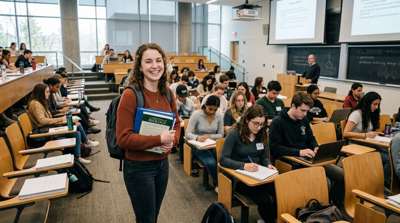 University classroom students and female student with textbook