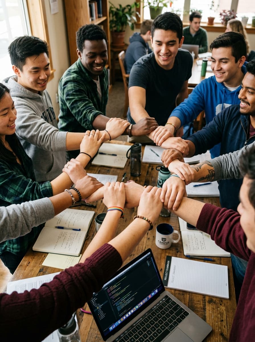 Students uniting hands together in solidarity
